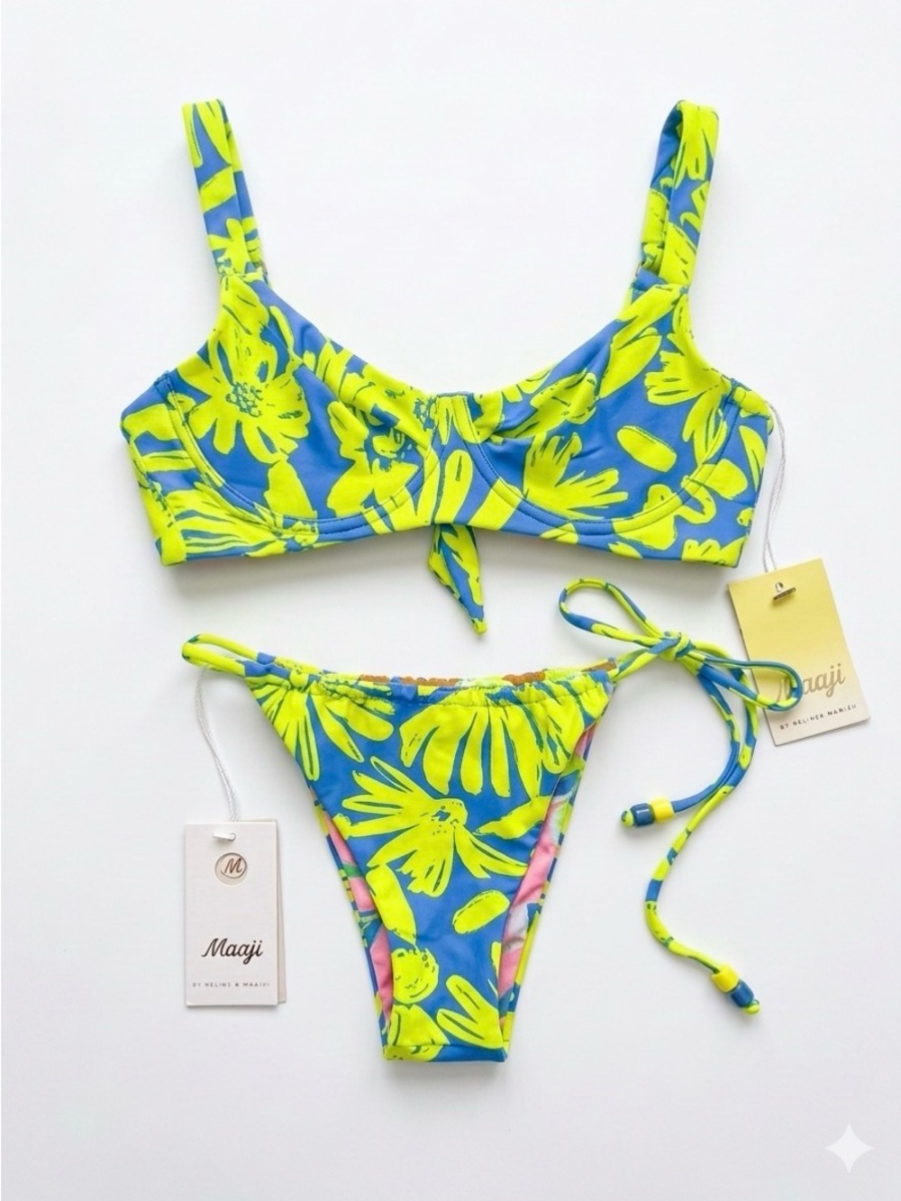 NWT Maaji Reversible Blue & Neon Yellow Floral Tie-Side Bikini Set Large - Picture 4 of 6